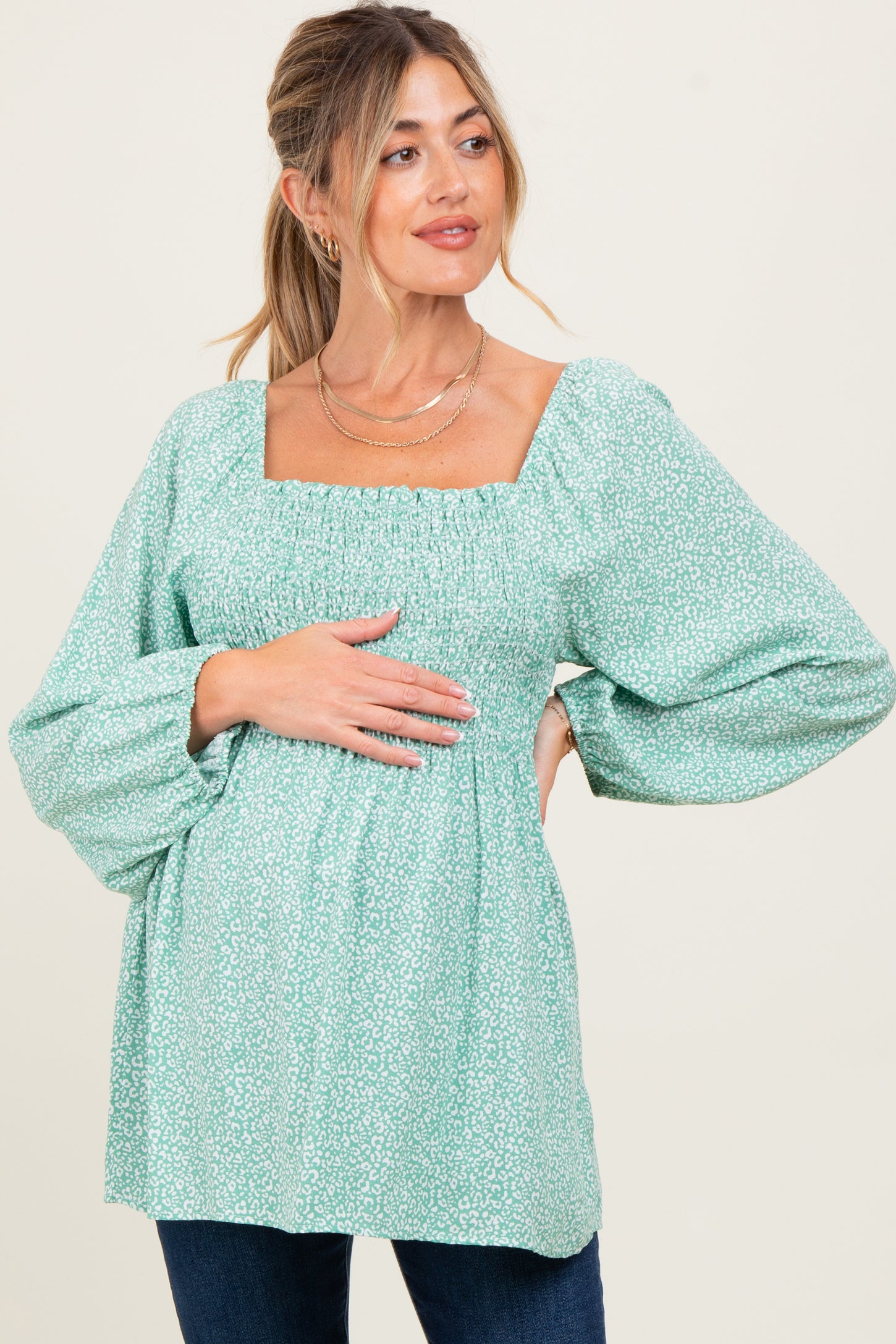 Sage Floral Smocked Long Sleeve Maternity Top