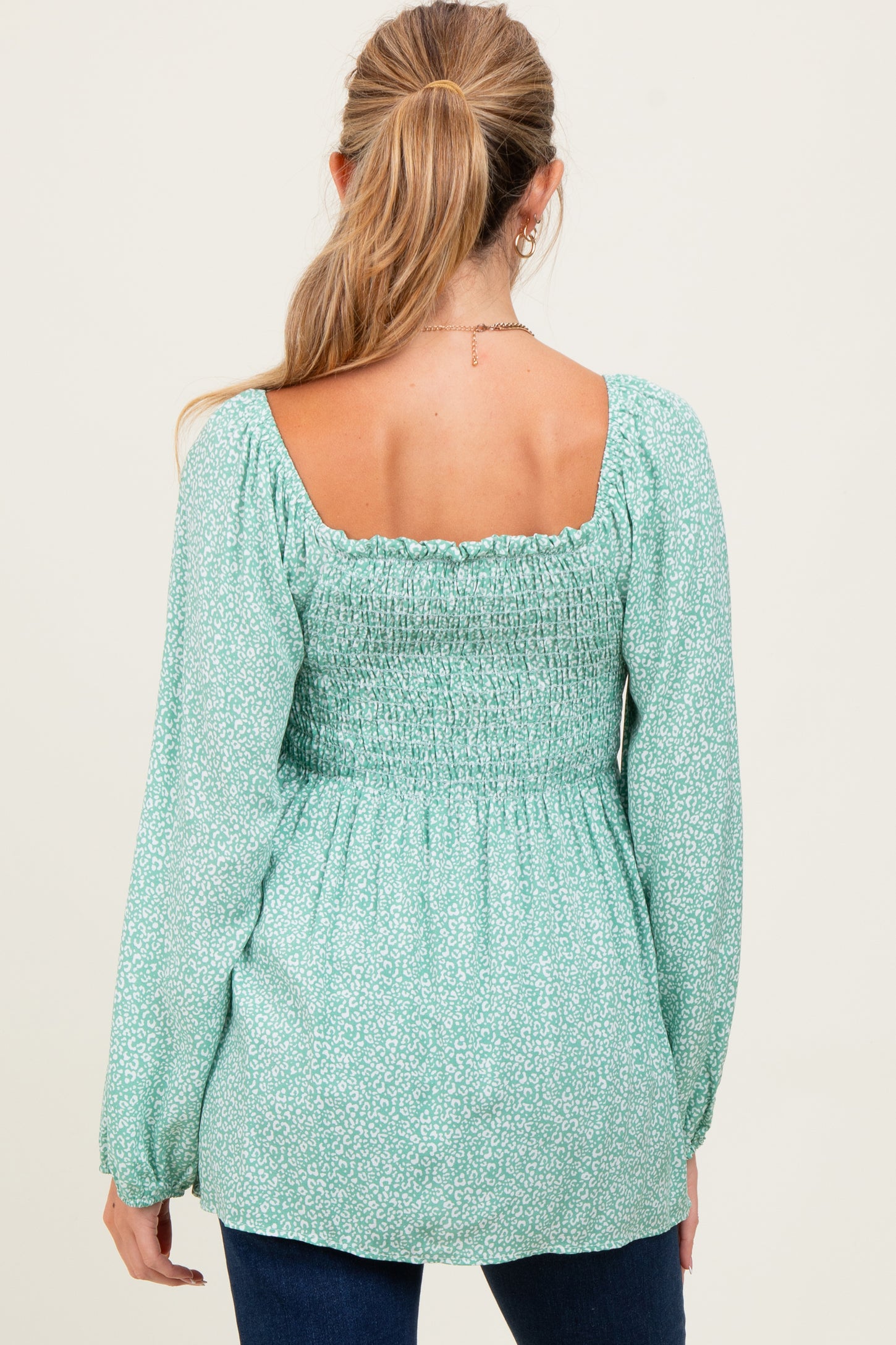 Sage Floral Smocked Long Sleeve Maternity Top