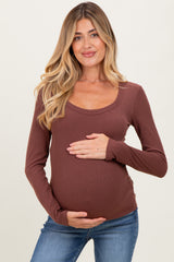 Dark Mocha Ribbed Square Neck Long Sleeve Maternity Top