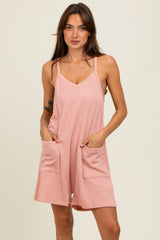 Mauve Solid Ribbed V-Neck Sleeveless Front Pocket Romper