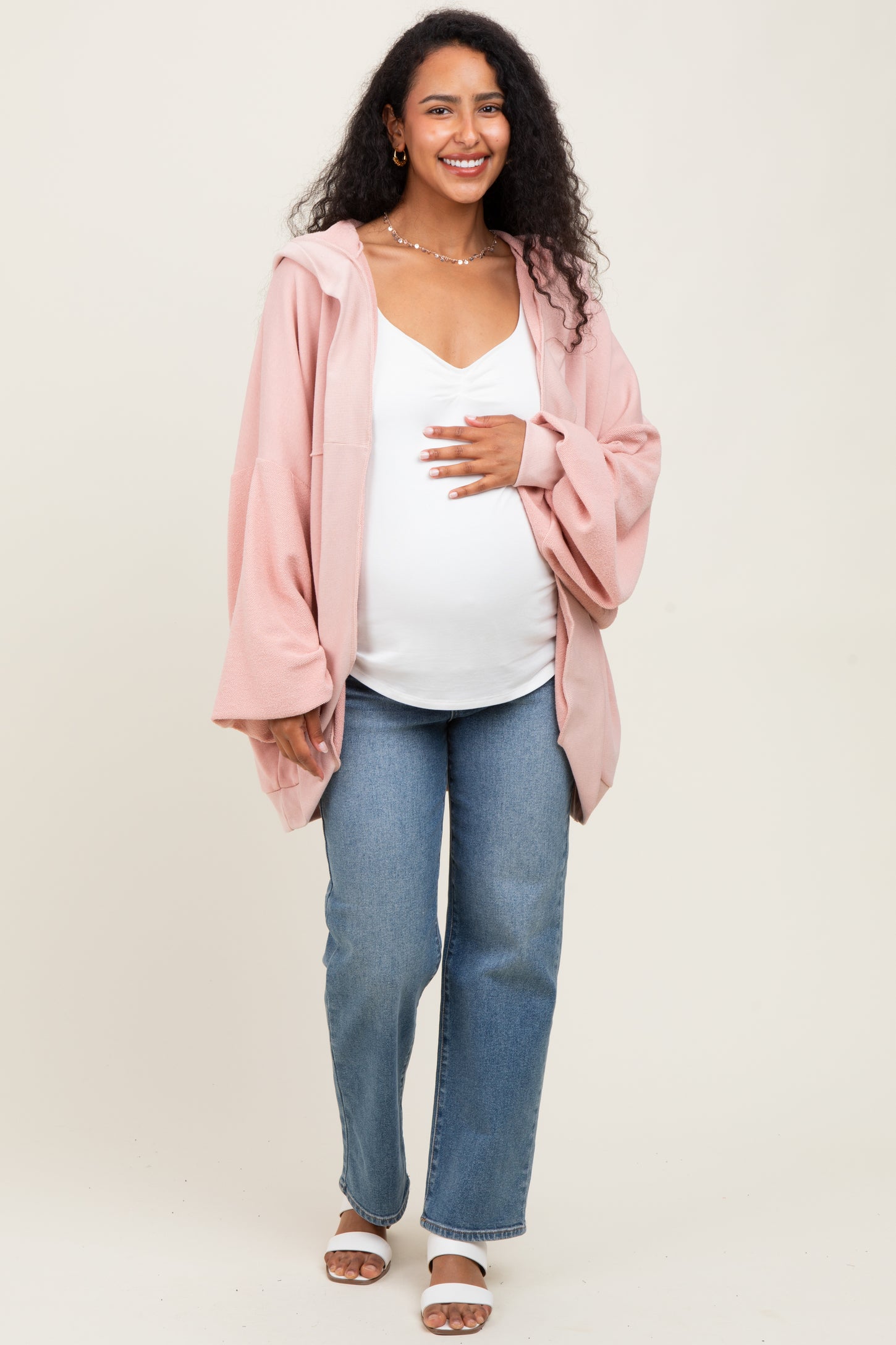 Pink Solid Terry Long Dolman Sleeve Vintage Maternity Hoodie