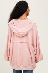 Pink Solid Terry Long Dolman Sleeve Vintage Maternity Hoodie