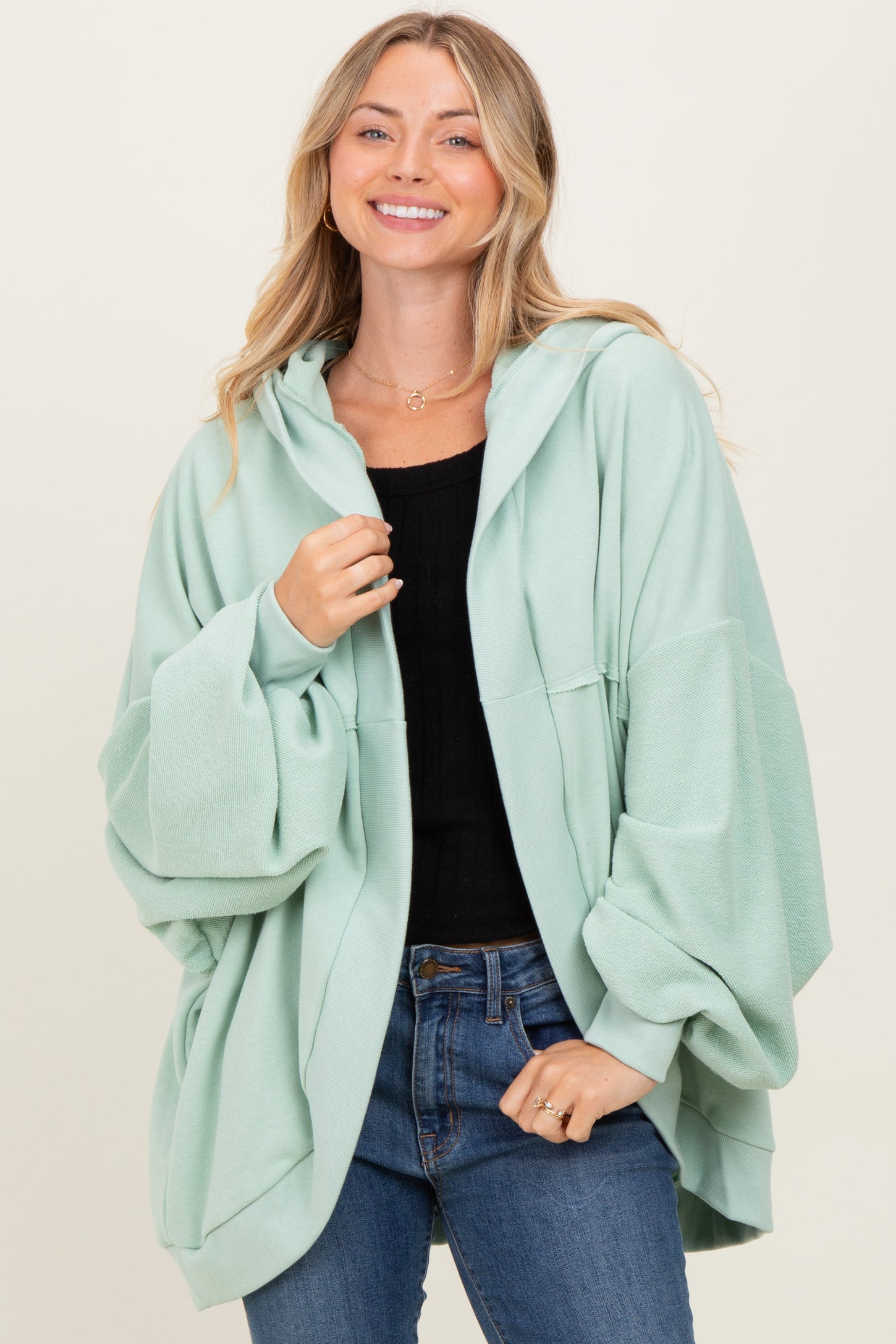 Sage Solid Terry Long Dolam Sleeve Vintage Hoodie