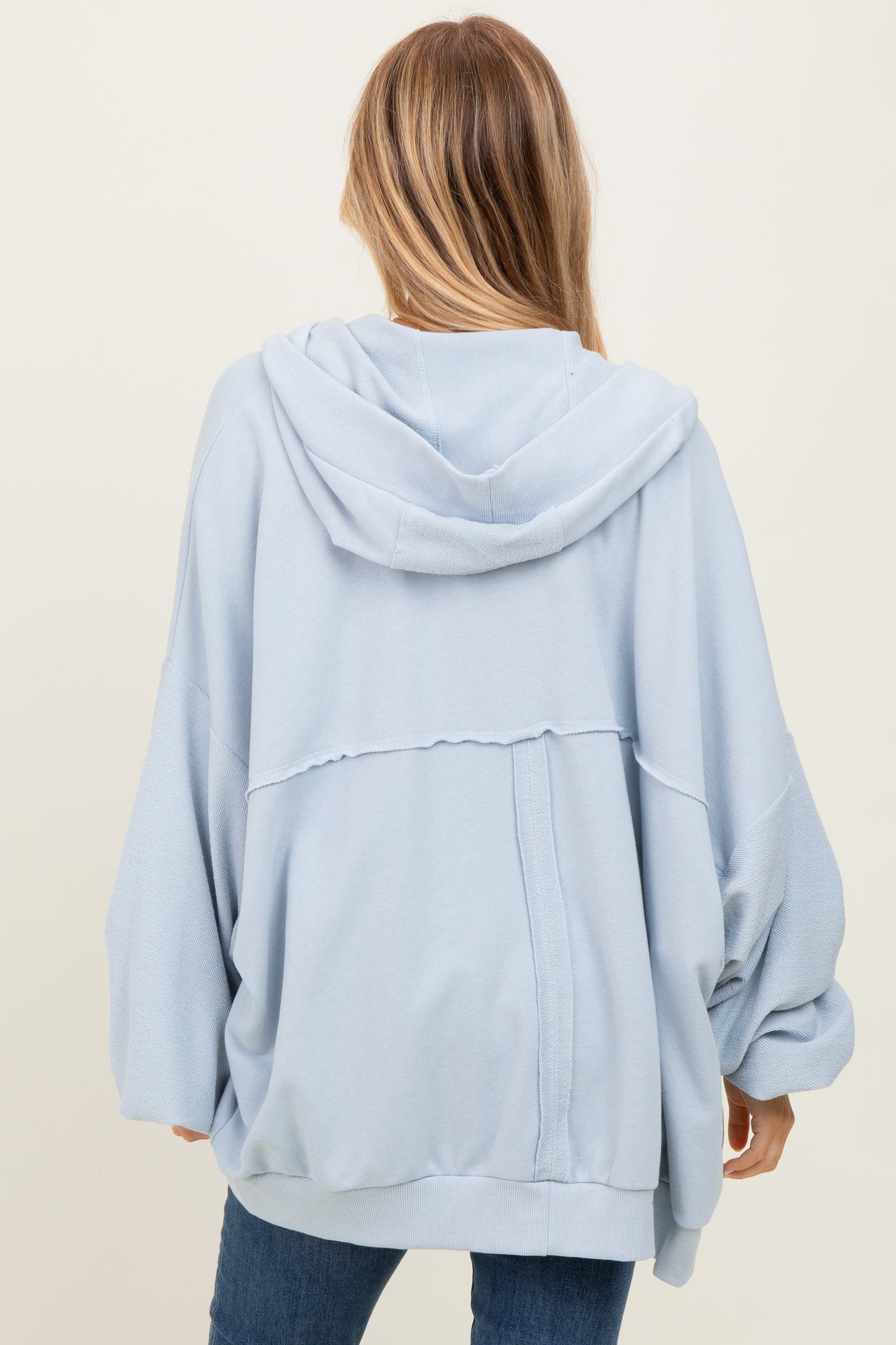Light Blue Solid Terry Long Dolam Sleeve Vintage Hoodie