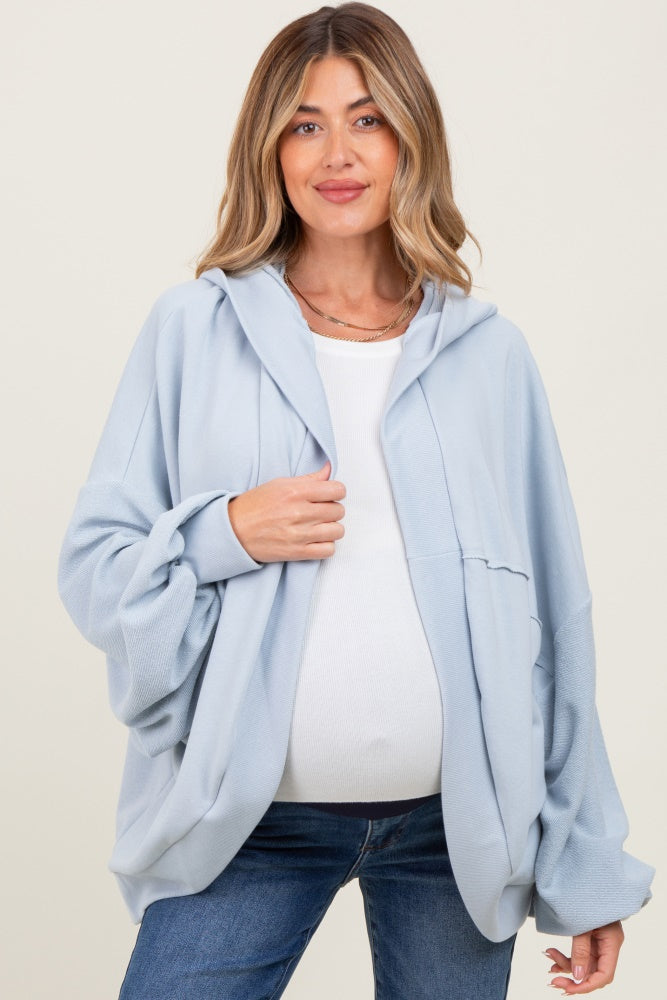 Light Blue Solid Terry Long Dolam Sleeve Vintage Maternity Hoodie