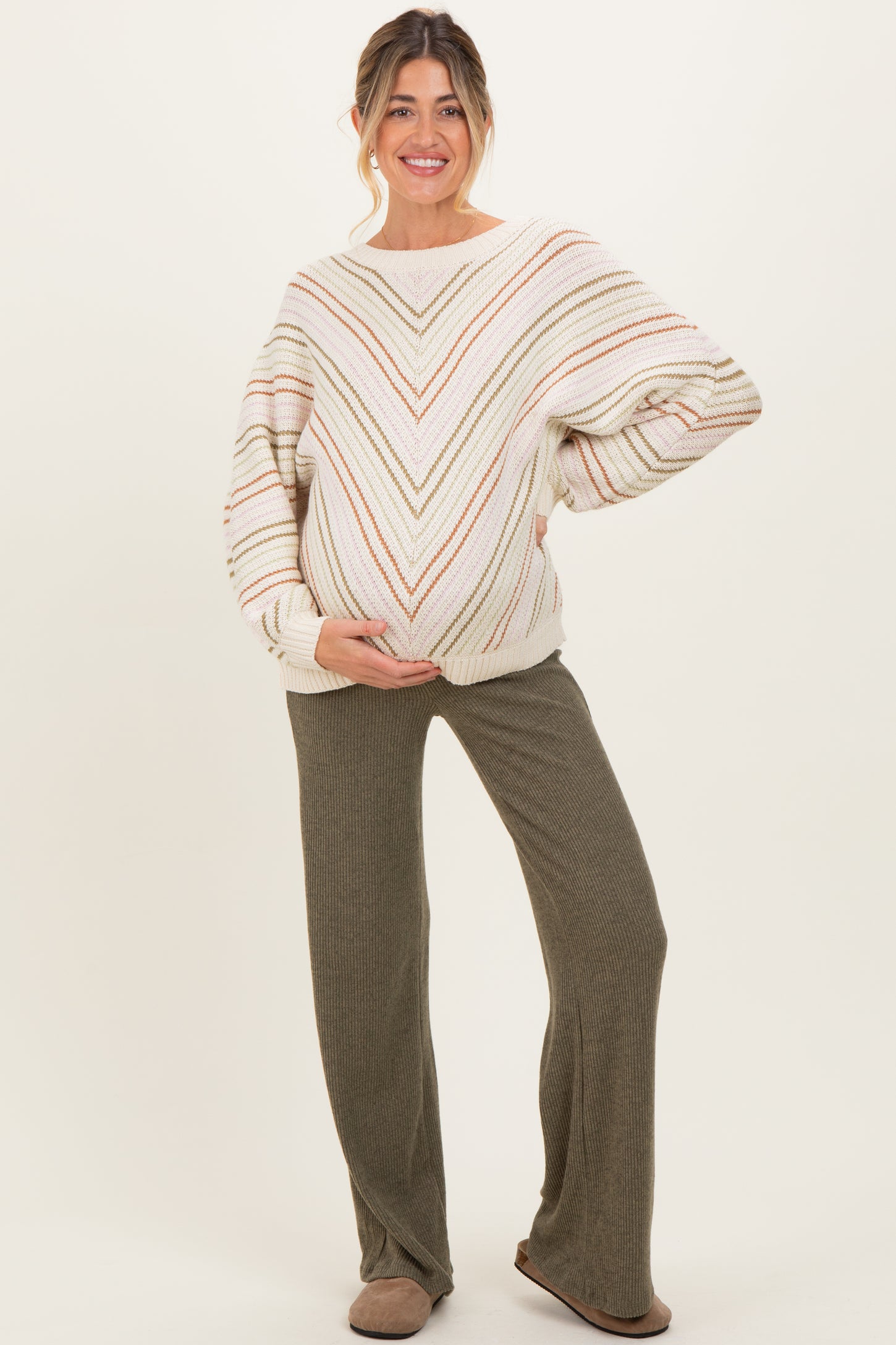 Beige Multi Crew Neck Striped Long Sleeve Maternity Sweater