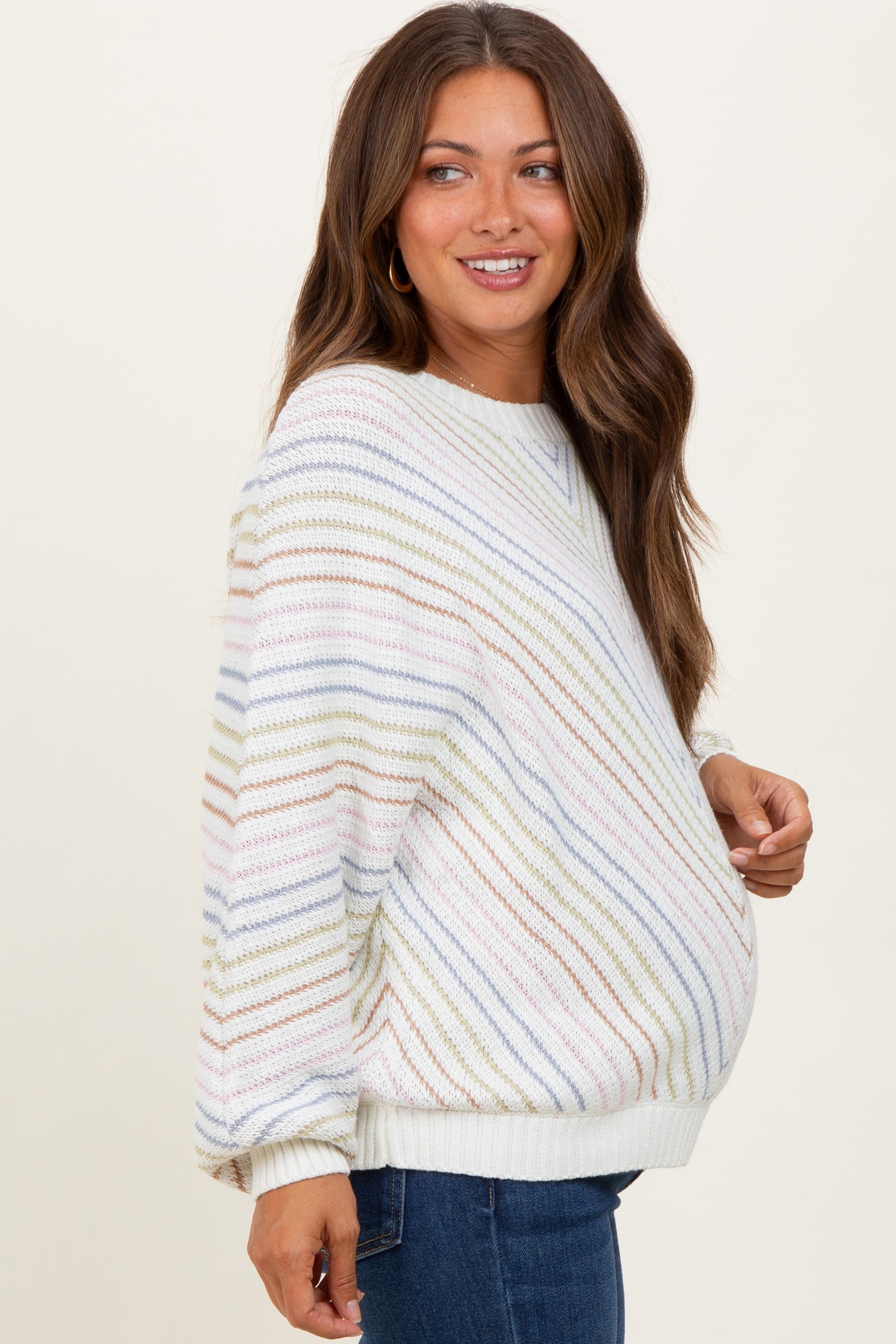 Cream Multi Crew Neck Striped Long Sleeve Maternity Sweater