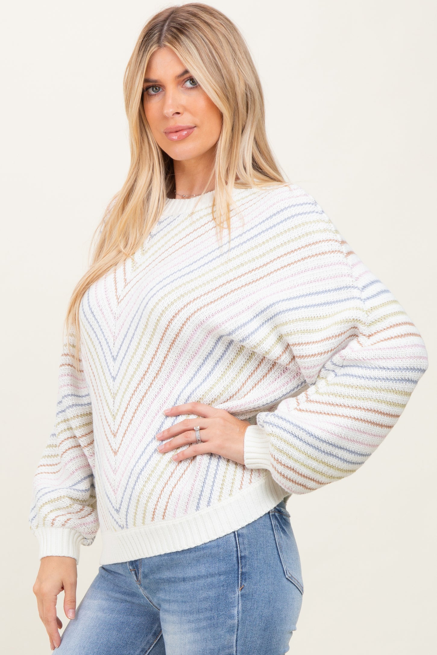 Cream Multi Crew Neck Striped Long Sleeve Sweater