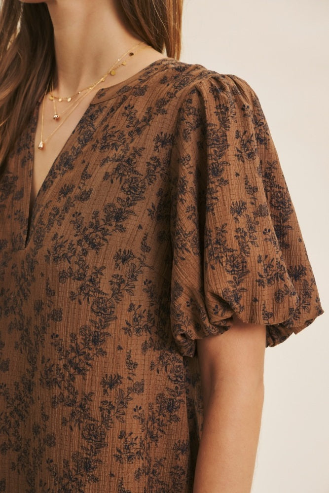 Brown Textured Floral Bubble Sleeve A-Line Mini Dress