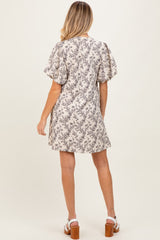 Cream Textured Floral Bubble Sleeve A-Line Maternity Mini Dress