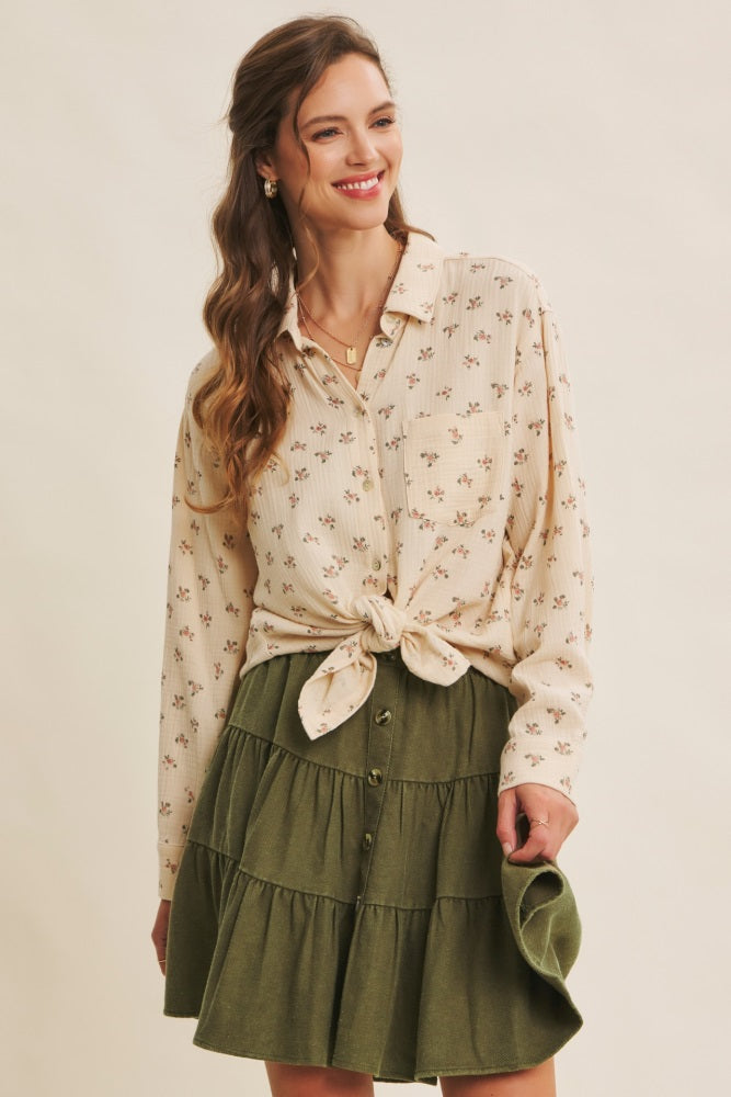 Cream Floral Cotton Gauze Oversized Button-Down Maternity Shirt