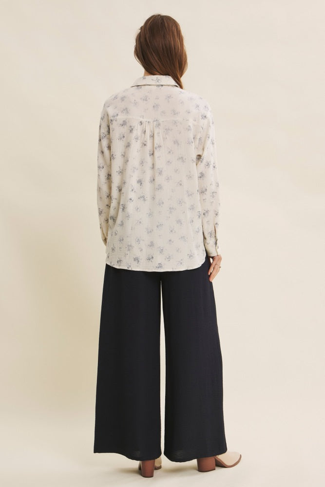 Blue Floral Cotton Gauze Oversized Button-Down Shirt
