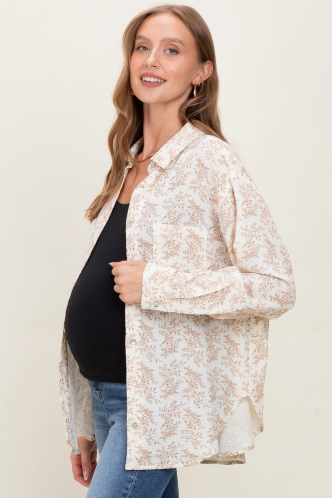 Mocha Floral Cotton Gauze Oversized Button-Down Maternity Shirt