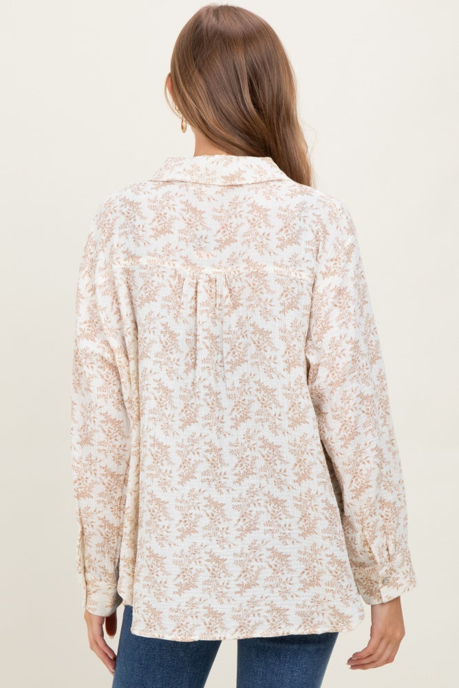 Mocha Floral Cotton Gauze Oversized Button-Down Maternity Shirt