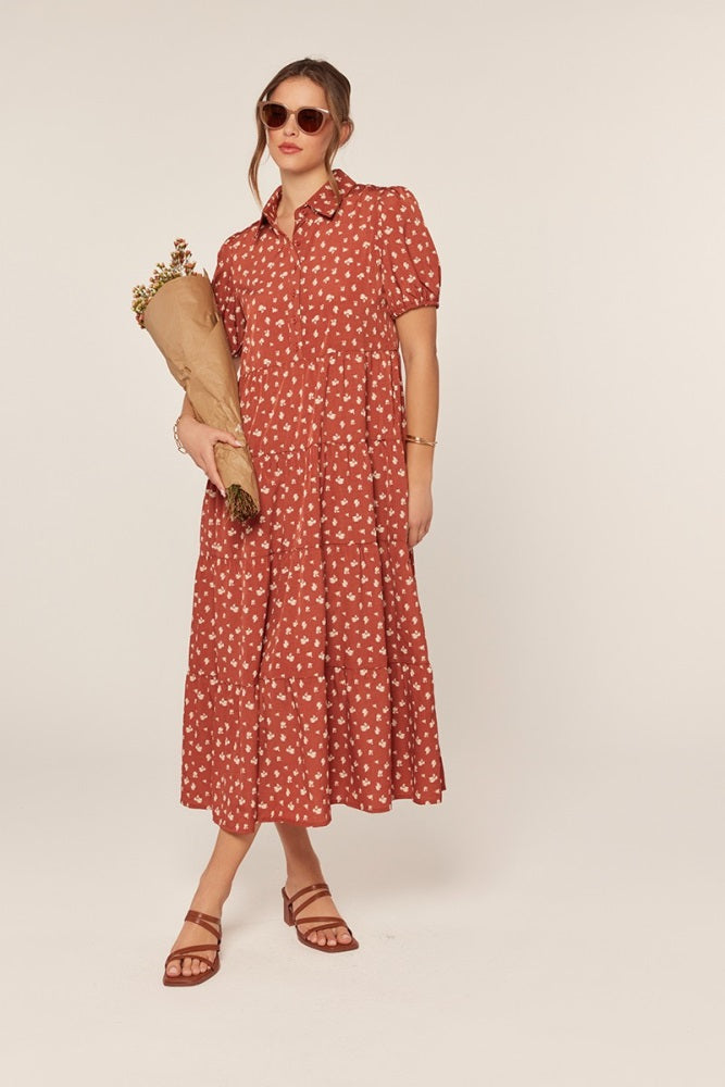 Rust Printed Button Up Tiered Maternity Midi Dress