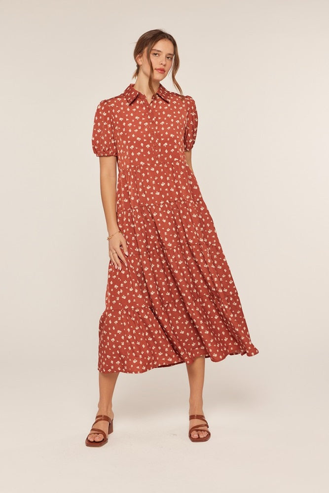 Rust Printed Button Up Tiered Midi Dress