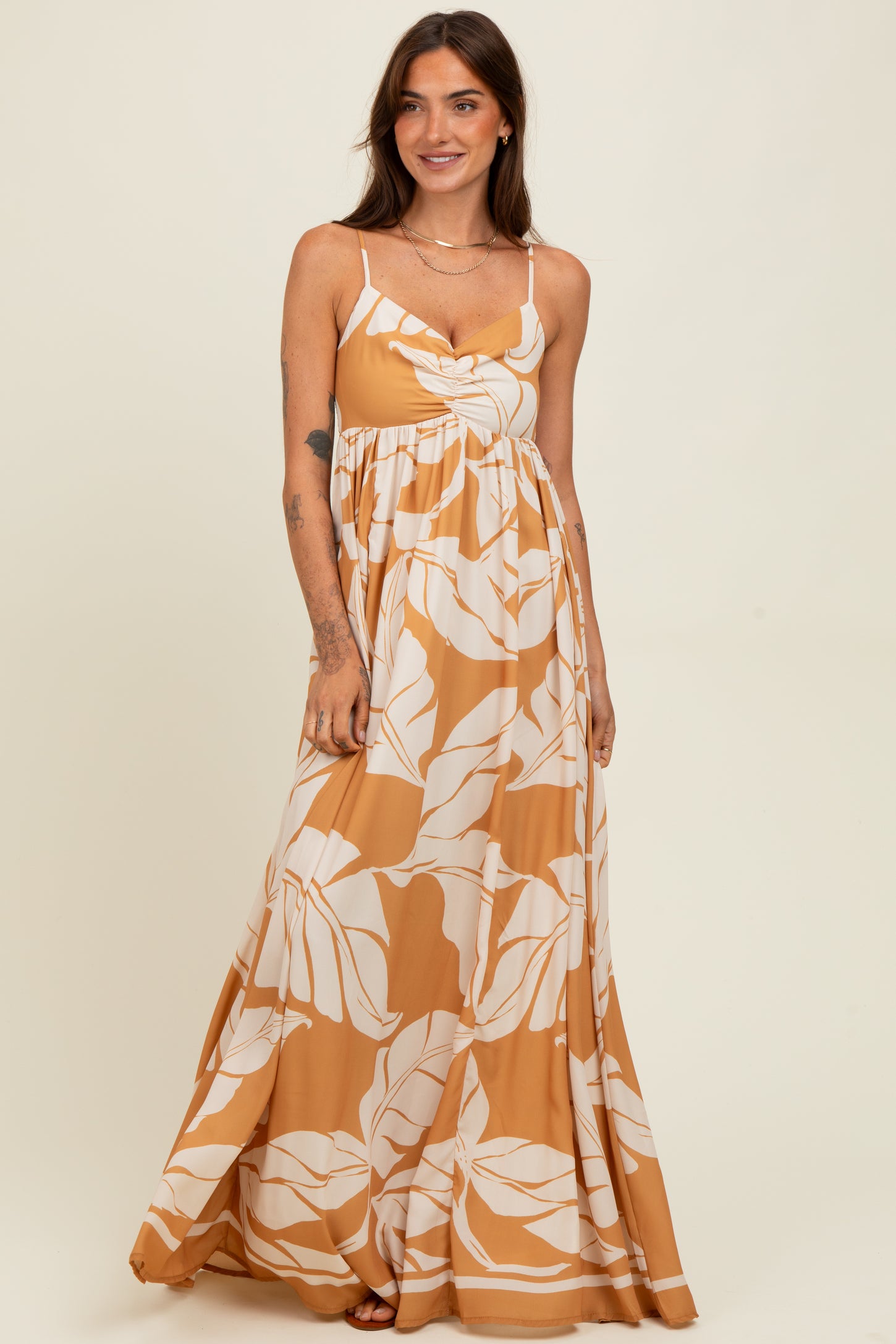 Camel Leaf Print Sleeveless Maxi Dress