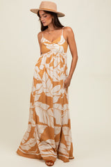 Camel Leaf Print Sleeveless Maternity Maxi Dress