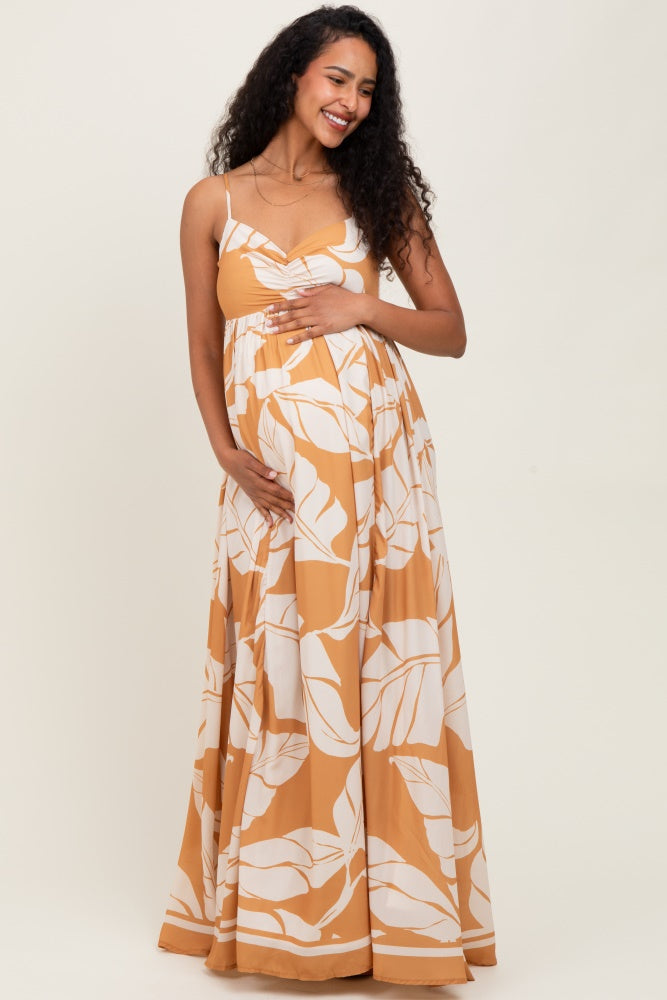 Camel Leaf Print Sleeveless Maternity Maxi Dress