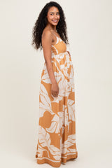 Camel Leaf Print Sleeveless Maternity Maxi Dress