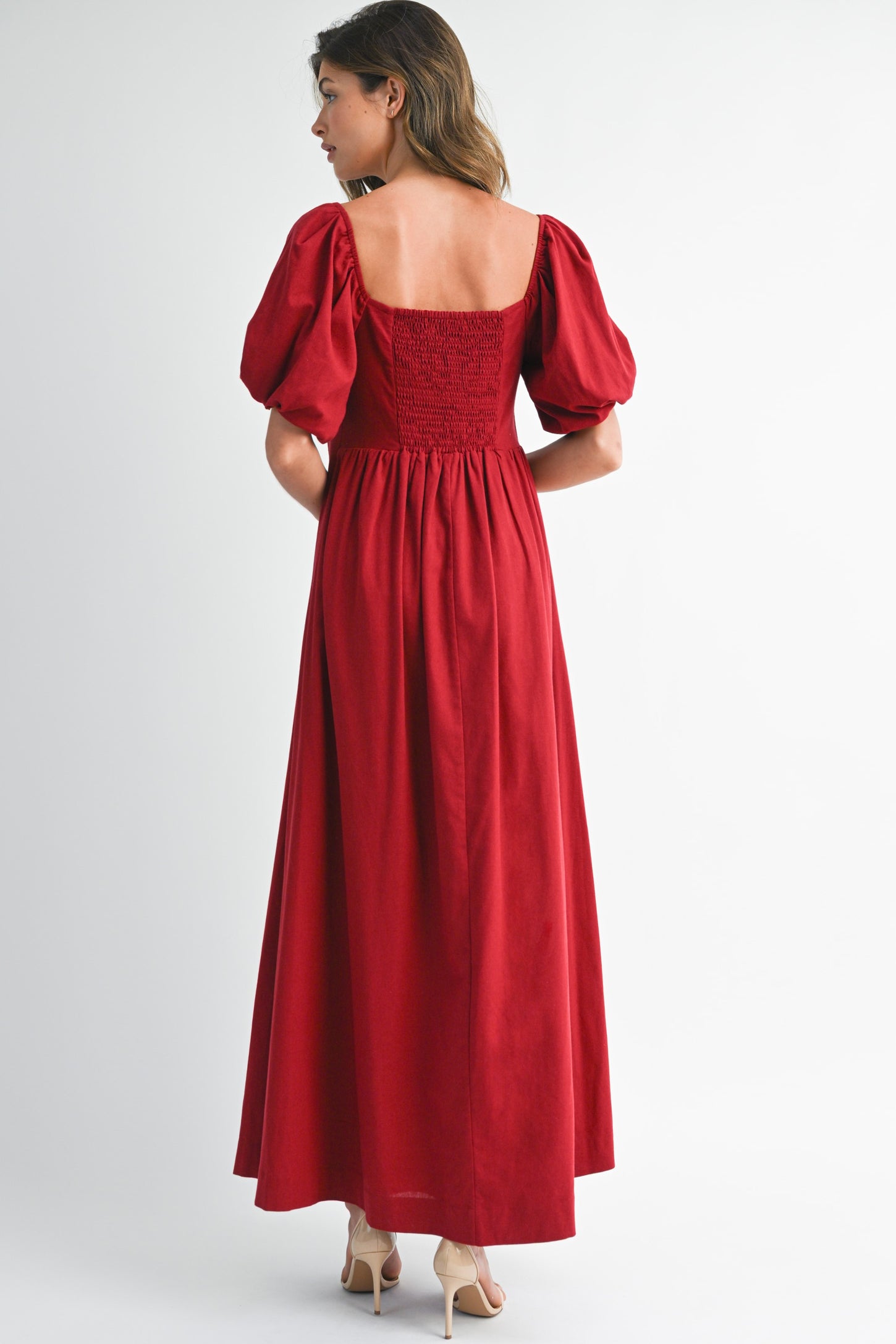 Burgundy Square Neck Puff Sleeve Maxi Dress