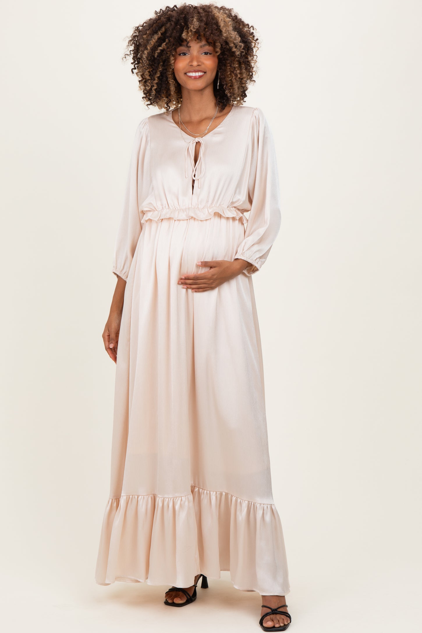 Beige Solid Satin Long Sleeve Open V-Neck Ruffle Waist Tiered Maternity Maxi Dress