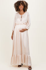 Beige Solid Satin Long Sleeve Open V-Neck Ruffle Waist Tiered Maternity Maxi Dress