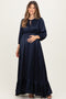 Navy Solid Satin Long Sleeve Open V-Neck Ruffle Waist Tiered Maternity Maxi Dress