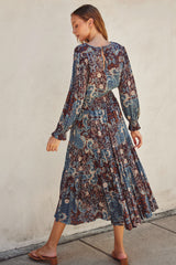 Teal Paisley Print Smocked Waist Tiered Midi Dress