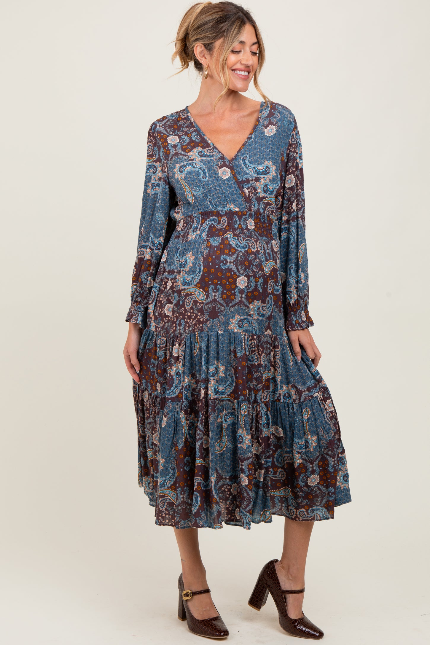 Teal Paisley Print Smocked Waist Tiered Maternity Midi Dress