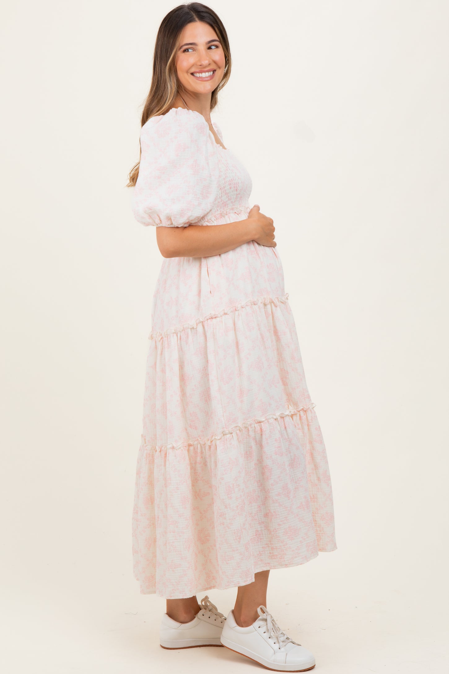 Pink Floral Smocked Ruffle Tiered Maternity Maxi Dress