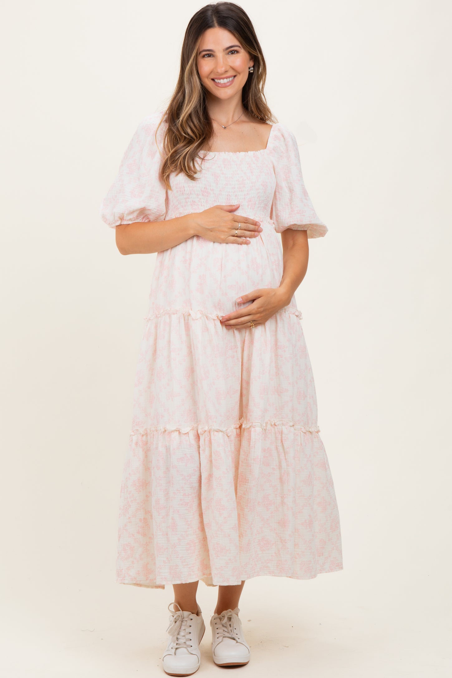 Pink Floral Smocked Ruffle Tiered Maternity Maxi Dress