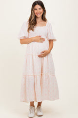 Pink Floral Smocked Ruffle Tiered Maternity Maxi Dress