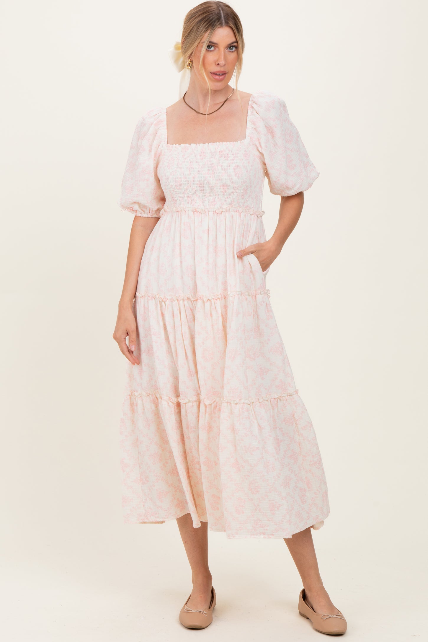 Pink Floral Smocked Ruffle Tiered Maxi Dress