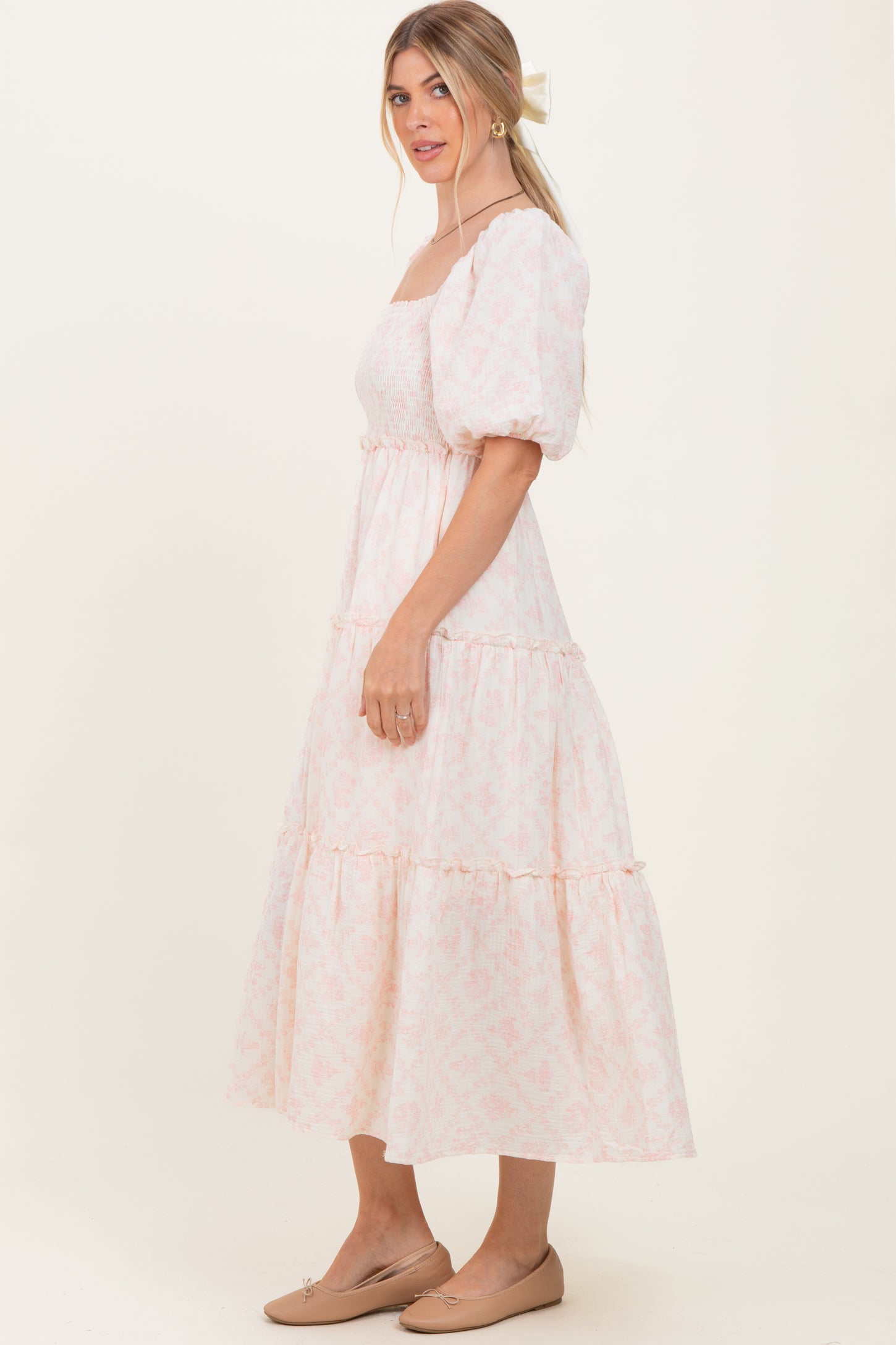 Pink Floral Smocked Ruffle Tiered Maxi Dress