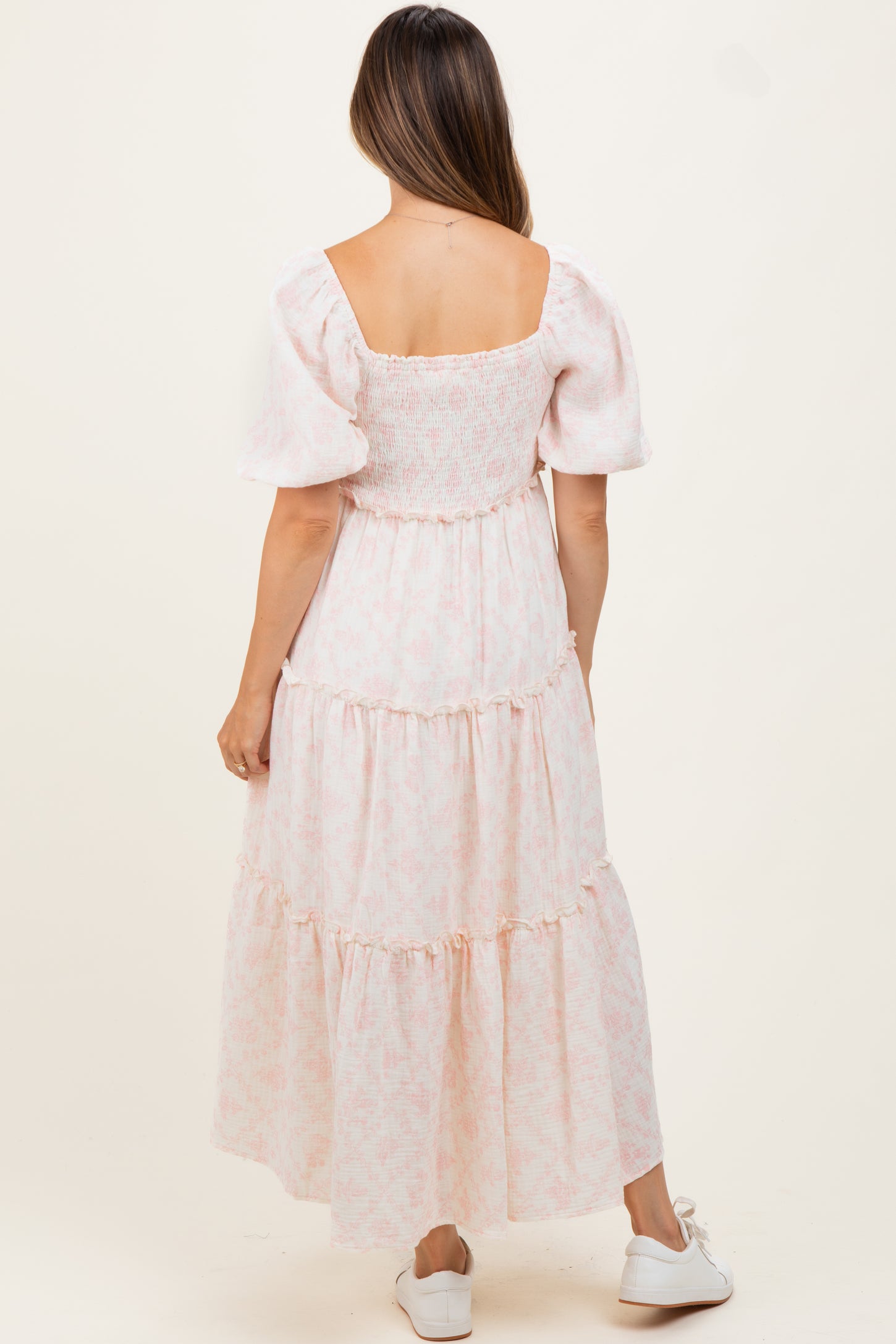Pink Floral Smocked Ruffle Tiered Maternity Maxi Dress