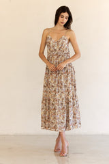 Taupe Floral Front Button Sleeveless Midi Dress