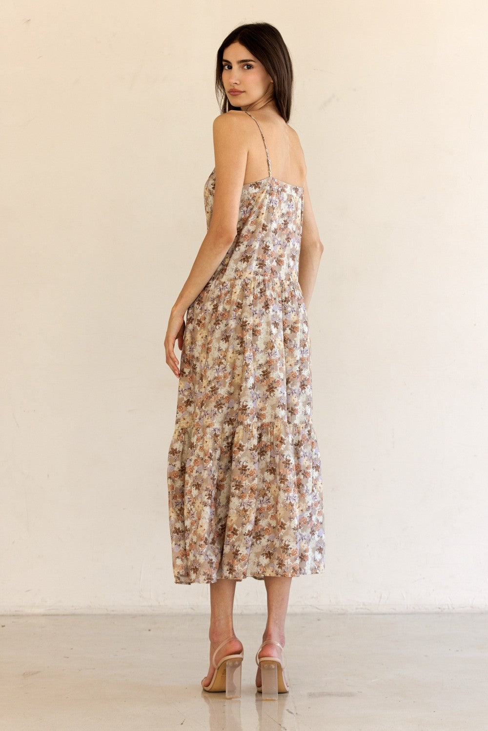 Taupe Floral Front Button Sleeveless Midi Dress