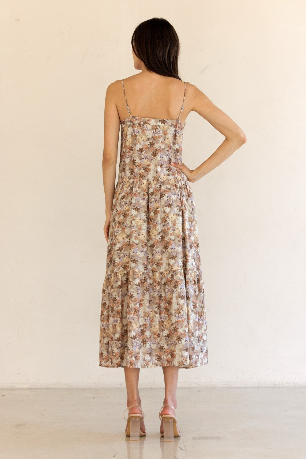 Taupe Floral Front Button Sleeveless Midi Dress