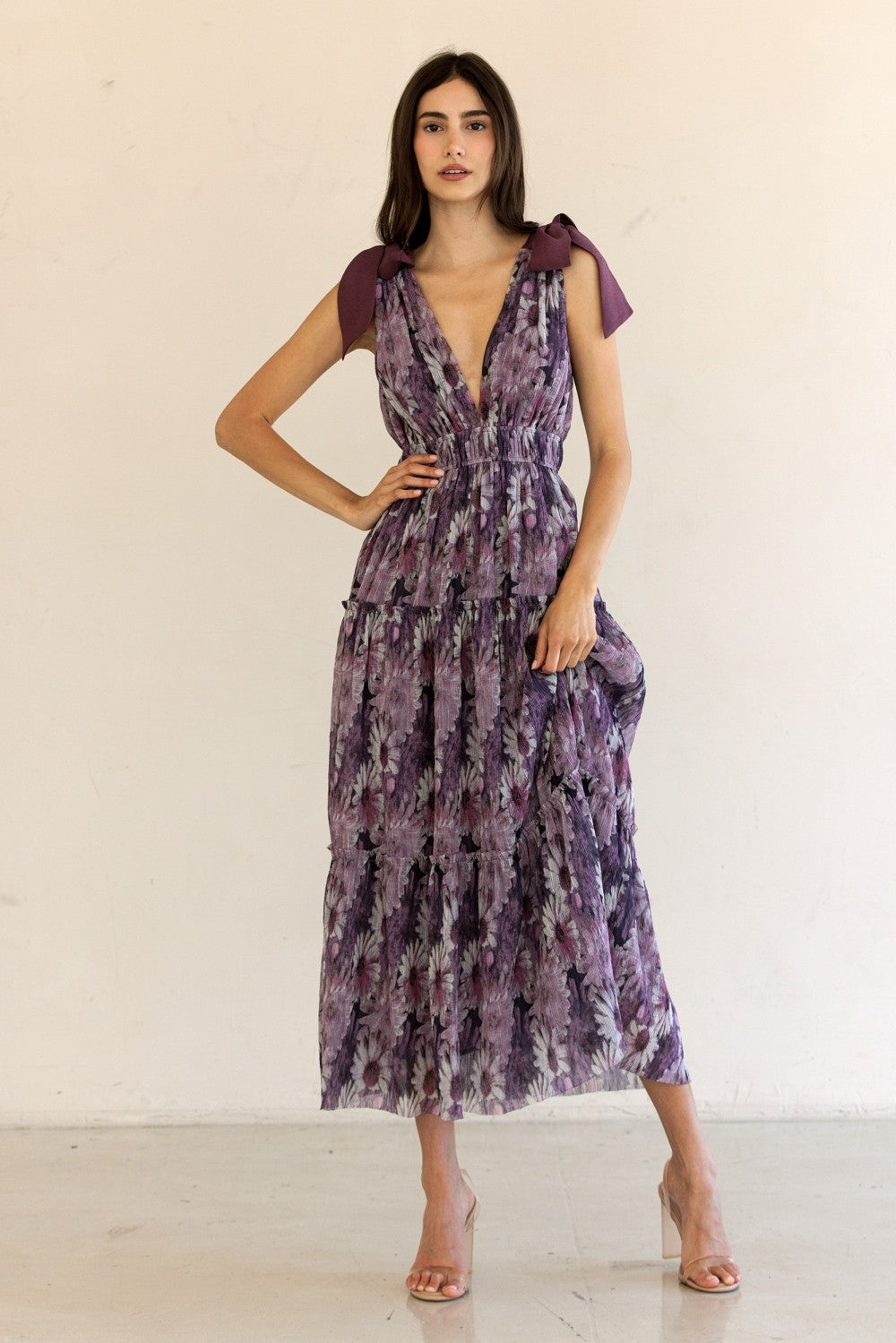 Purple Floral Mesh Deep V-Neck Shoulder Tie Maxi Dress