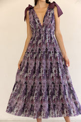 Purple Floral Mesh Deep V-Neck Shoulder Tie Maxi Dress