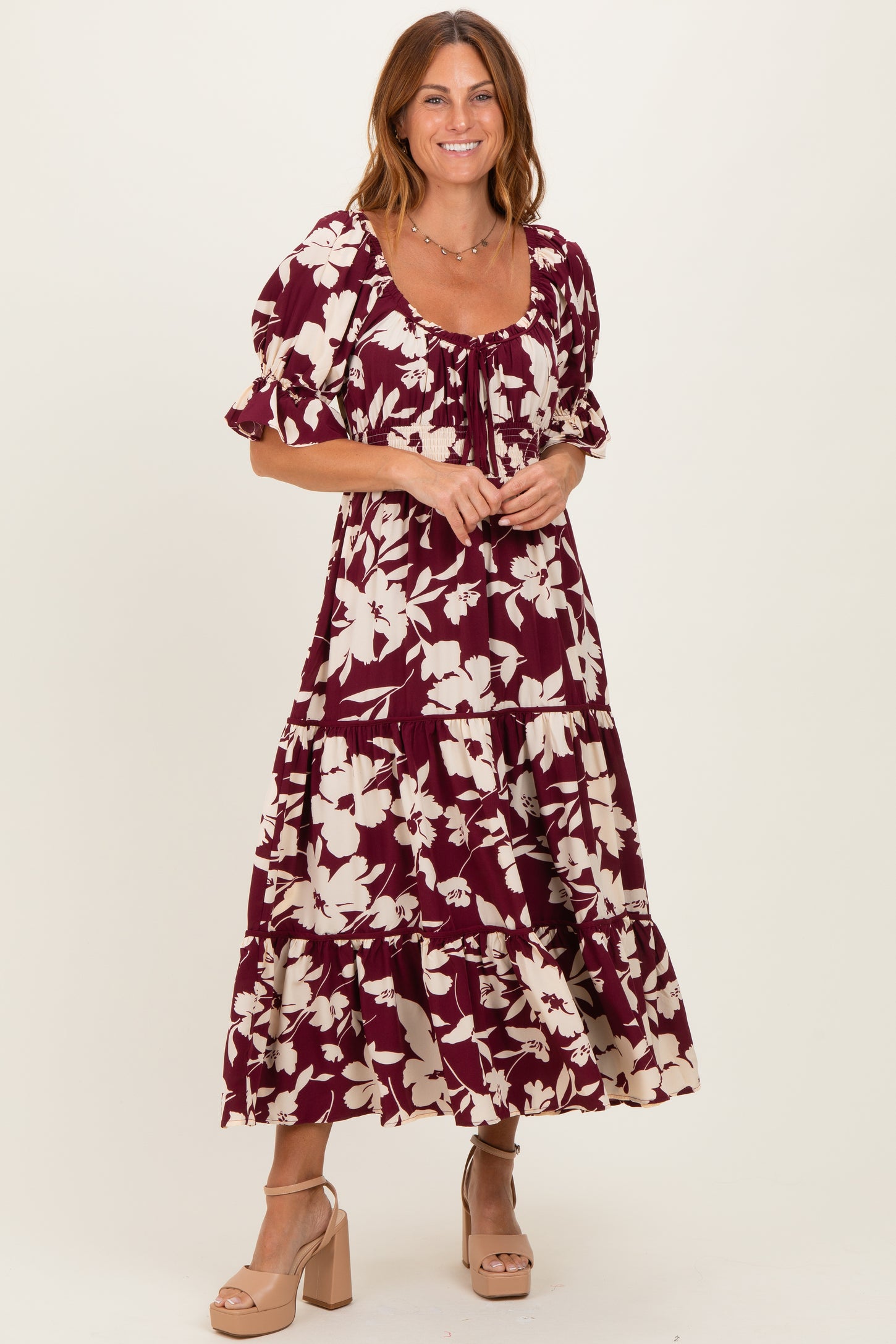 Burgundy Floral Short Sleeve Square Neck Tiered Maternity Maxi Dress