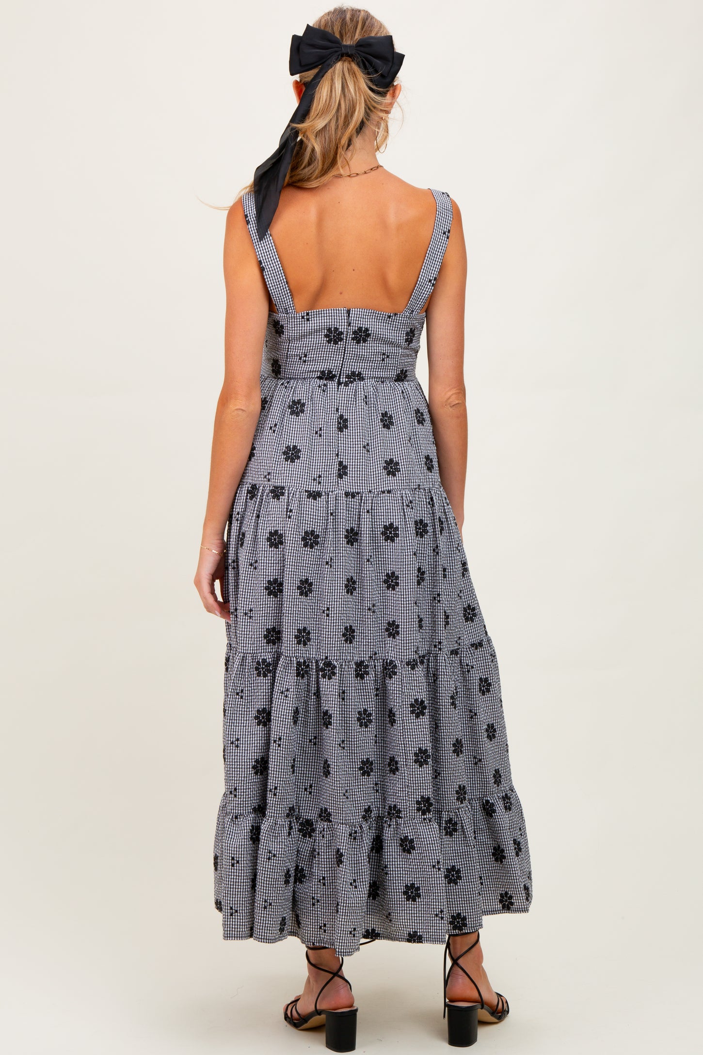 Black Gingham Floral Embroidered Maternity Maxi Dress