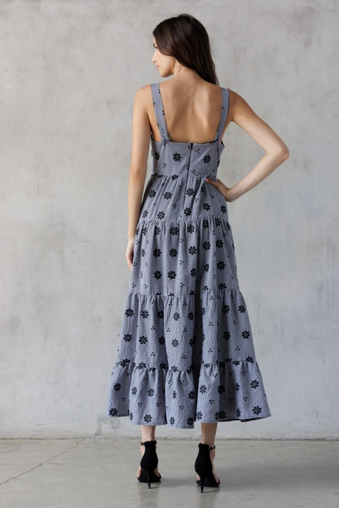 Black Gingham Floral Embroidered Maxi Dress