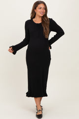 Black Ribbed Knit Ruffle Trim Maternity Midi Sweater Dress