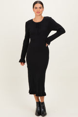 Black Ribbed Knit Ruffle Trim Midi Sweater Dress