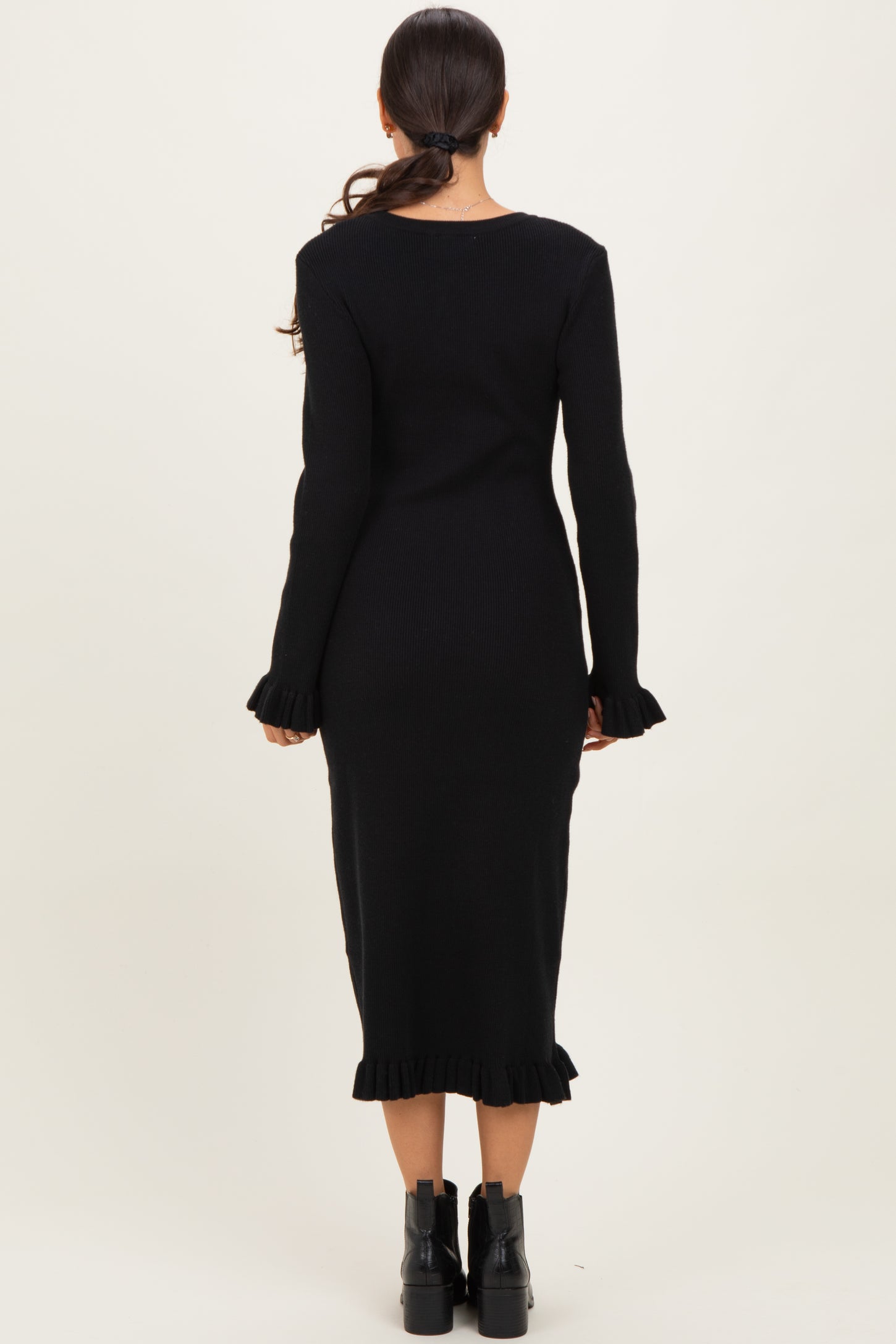 Black Ribbed Knit Ruffle Trim Midi Sweater Dress
