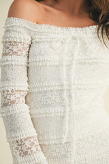 White Lace Ruffle Tiered Off Shoulder Midi Dress