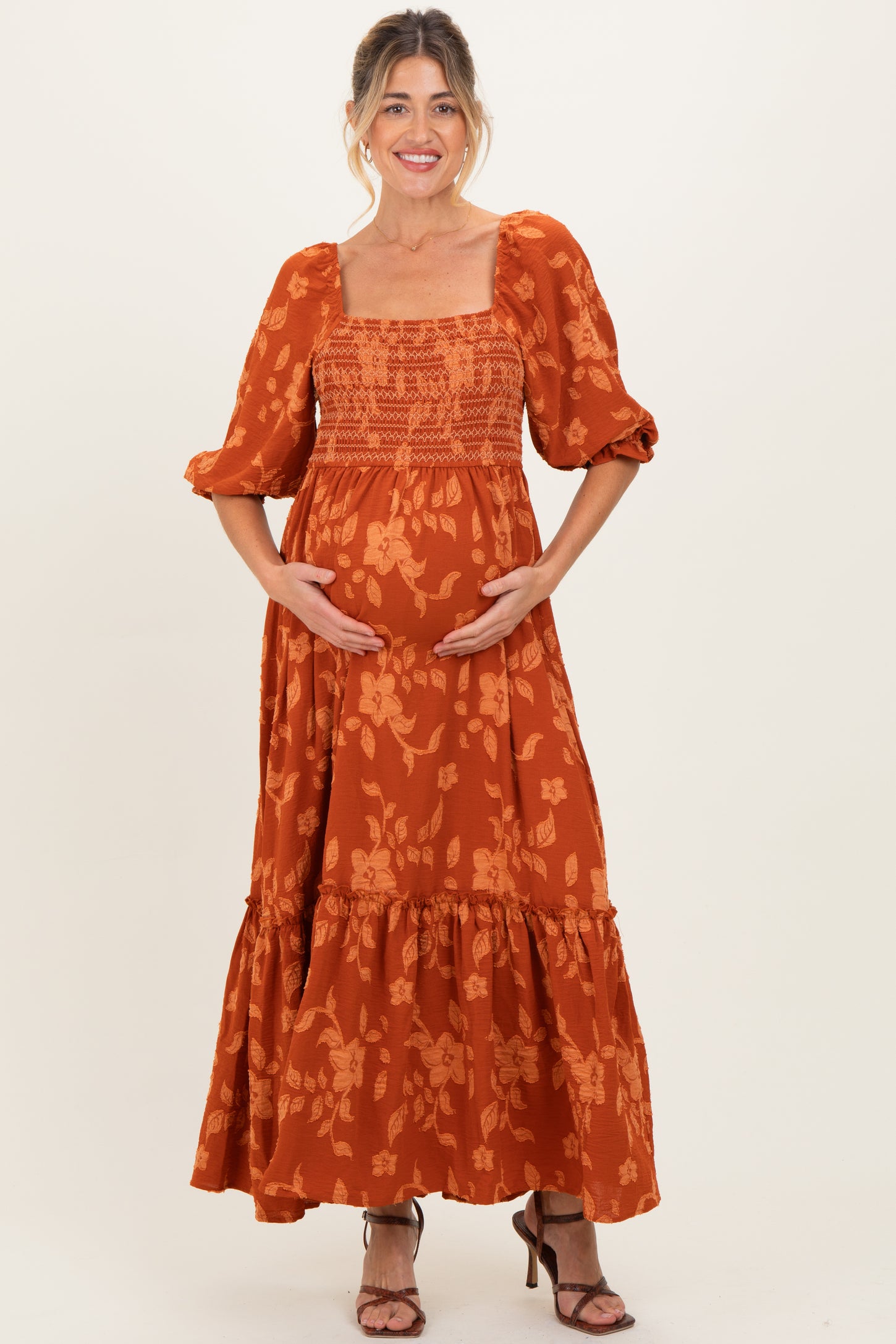 Rust Floral Print Smocked Bodice Maternity Maxi Dress