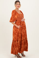 Rust Floral Print Smocked Bodice Maternity Maxi Dress